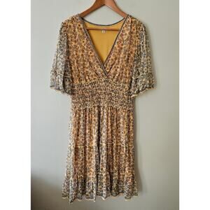 Max Studio Yellow Midi Dress, Size Large Floral Prairie Tiered Boho